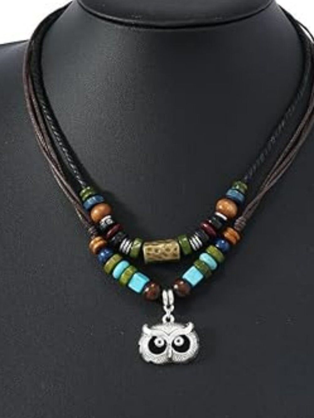 Bohemian Layered Leather Owl Necklace Beaded Braided Necklace Boho Style